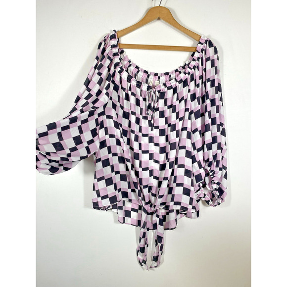 Cato 26/28W Blouse Top Shirt Check Print Chiffon Tie Front Purple Black White - Picture 6 of 11
